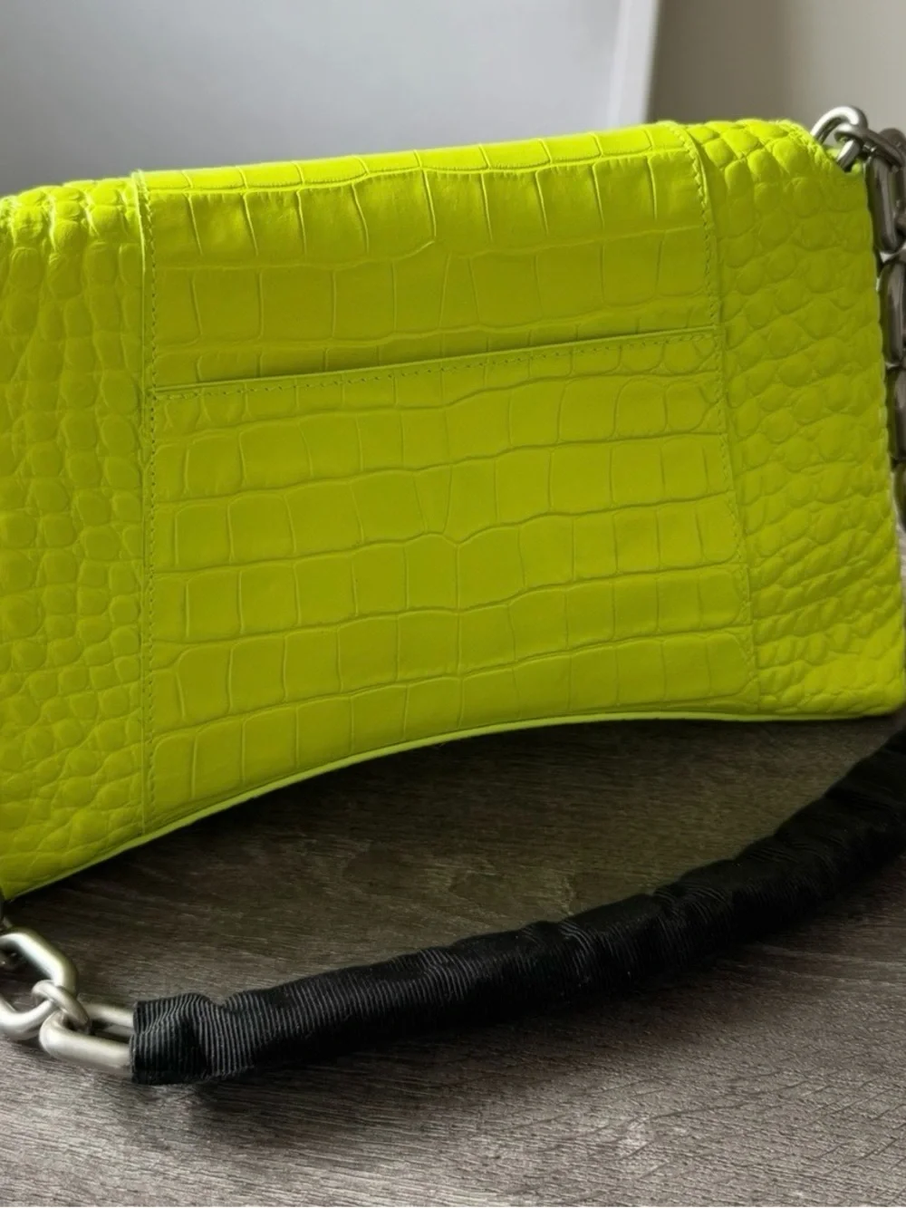Balenciaga Neon Green Croc-Embossed Letter B Shoulder Bag